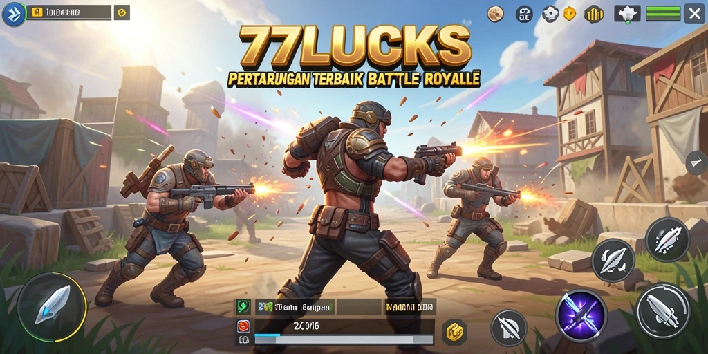 Screenshot gameplay 77LUCKS dengan pertarungan seru di arena Battle Royale.