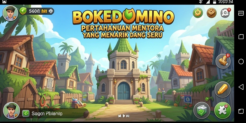 Screenshot utama BOKEDOMINO menampilkan aksi pertahanan menara yang seru.