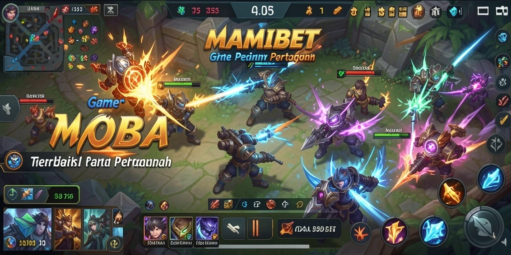 Screenshot MAMIBET yang menunjukkan aksi pertarungan tim dalam game MOBA.